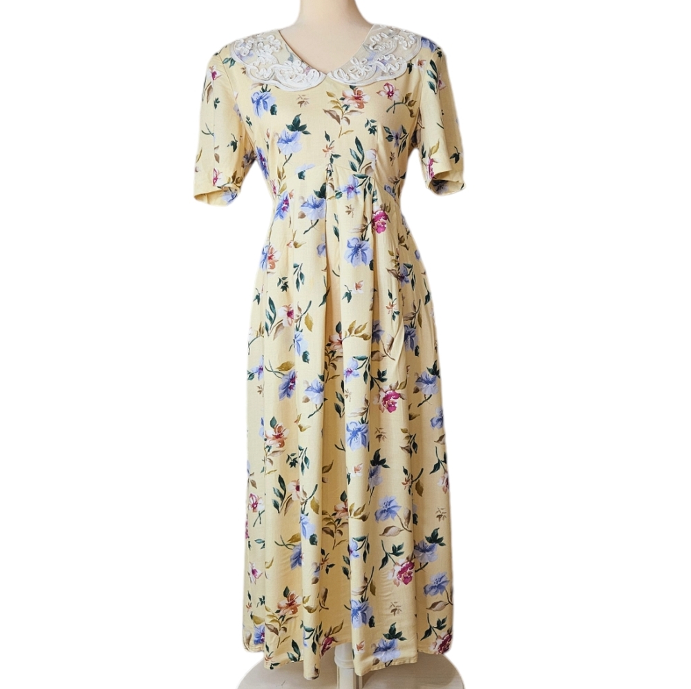 Vintage Prairie Cottagecore Floral Midi Dress Yellow Lace Collar Empire Waist 8 - Picture 2 of 13
